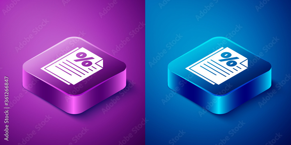 Isometric Finance document icon isolated on blue and purple background. Paper bank document for invoice or bill concept. Square button. Vector Illustration. Isometric Finance document icon isolated on blue and purple background. Paper bank document for invoice or bill concept. Square button. Vector Illustration.