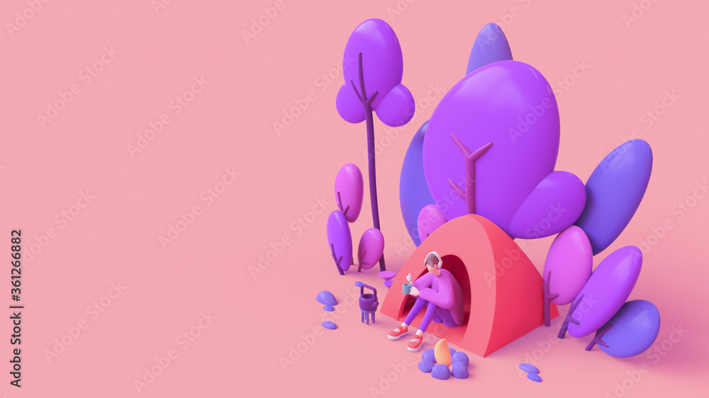 Fototapeta premium Casual faceless young guy in headphones enjoys nature with a cup of tea in his hand sits in a red tent near the bonfire. Autumn camp with blue purple trees. Minimal 3d illustration on pink background.