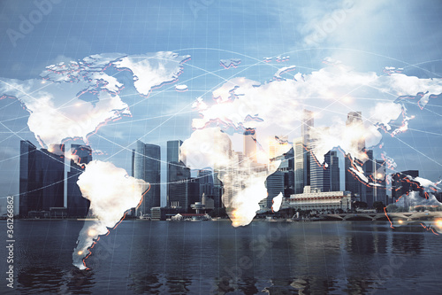 Double exposure of business theme hologram drawing and city veiw background. Concept of success.