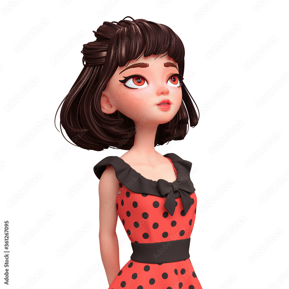 Cartoon character of brunette girl with big brown eyes. Beautiful cute  fashion valentines girl in red