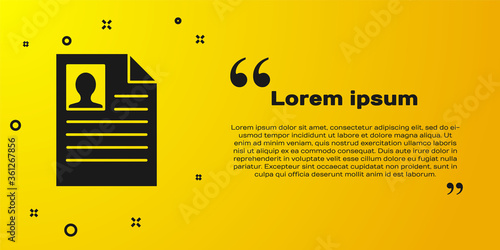 Black Resume icon isolated on yellow background. CV application. Searching professional staff. Analyzing personnel resume. Vector Illustration.