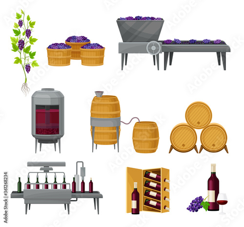 Grape Wine Production with Alcoholic Fermentation and Pouring in Bottles Process Vector Set