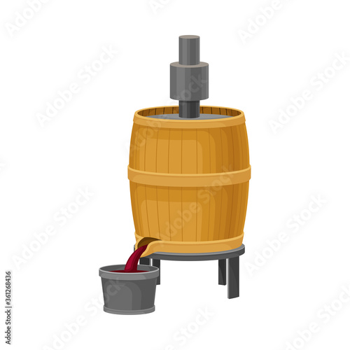 Crushing Grapes in Wooden Barrel with Pressing Equipment Vector Illustration