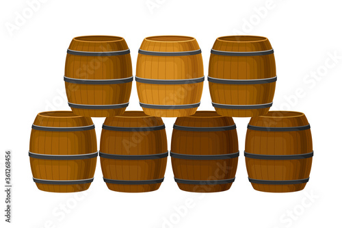 Rows of Grape Juice in Wooden Barrels Storing in Cellar Vector Illustration