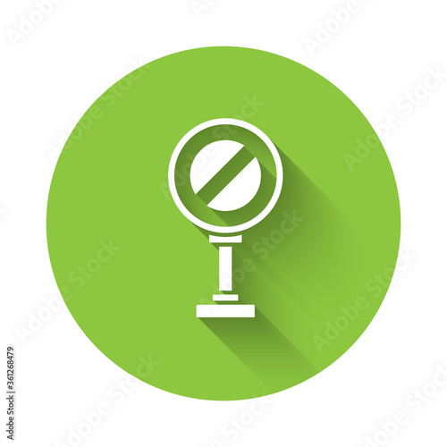 White Stop sign icon isolated with long shadow. Traffic regulatory warning stop symbol. Green circle button. Vector Illustration.