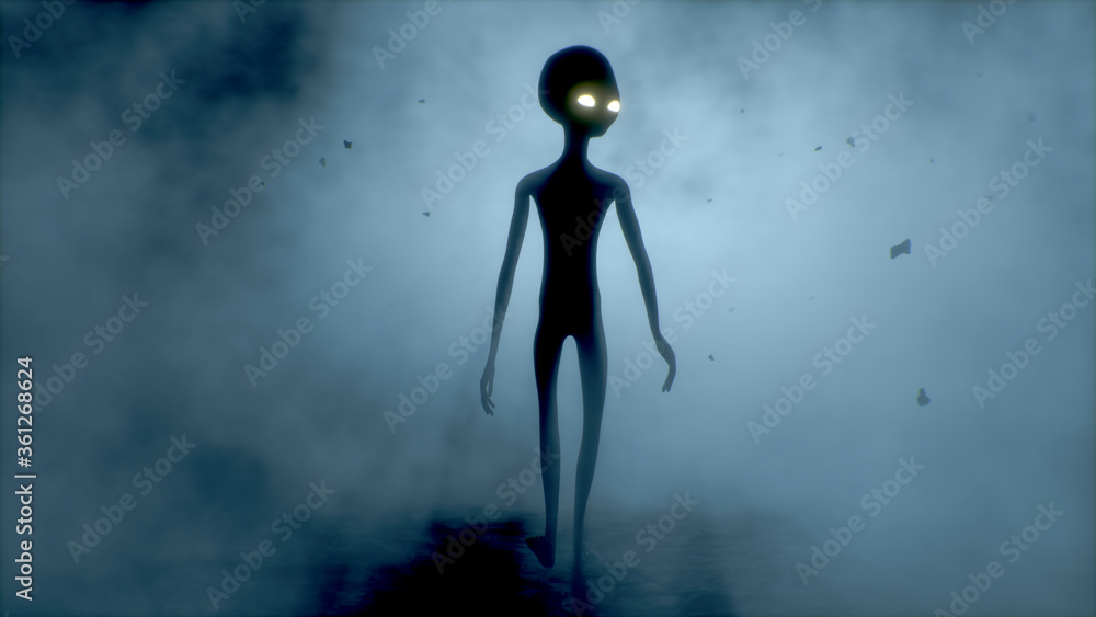Scary gray alien walks and looks blinking on a dark smoky background. UFO futuristic concept. 3D rendering. - obrazy, fototapety, plakaty 