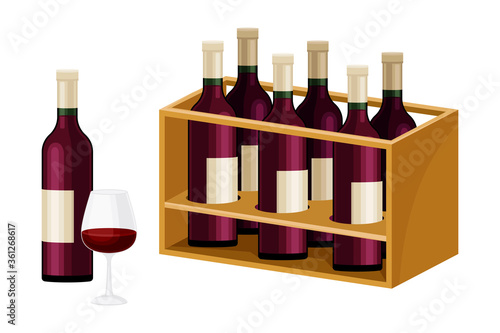 Grape Wine Glass Bottles Standing in Wooden Wine Rack in Cellar Vector Illustration