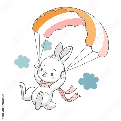 Vector illustration of a cute bunny flying with a parachute.