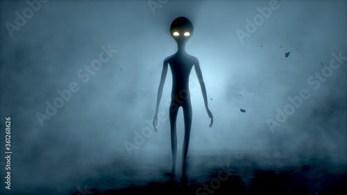 Scary gray alien walks and looks blinking on a dark smoky background. UFO futuristic concept. 3D rendering.