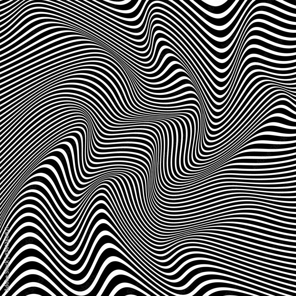 OPTICAL ILLUSION MONOCHROME COLOR. ABSTRACT WAVY LINES BACKGROUND COVER DESIGN VECTOR  