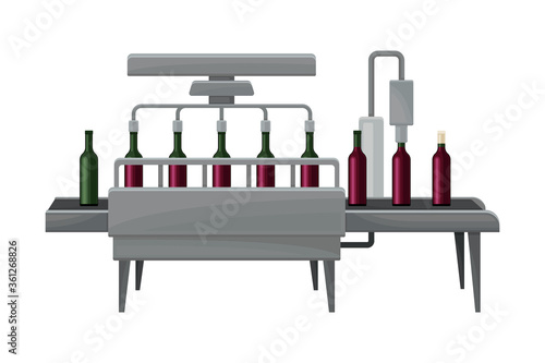 Wine Bottles Label Sticking Process with Glass Containers Moving on Conveyor Belt Vector Illustration