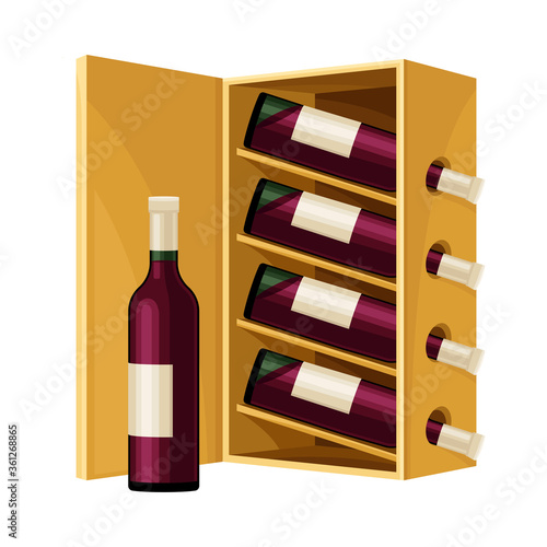 Grape Wine Glass Bottles Standing in Wooden Wine Rack in Cellar Vector Illustration