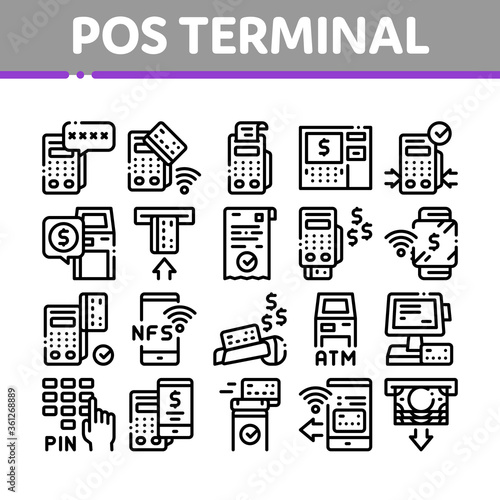 Pos Terminal Device Collection Icons Set Vector. Bank Terminal And Atm, Smartphone Nfc Pay System Application And Watch Pin Code And Money Concept Linear Pictograms. Monochrome Contour Illustrations