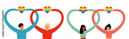 Homosexual lgbt non-traditional families and couples. Different people, gay and lesbian holding rainbow hearts. Equality in rights vector illustration set