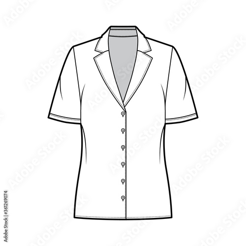 Pajama style blouse technical fashion illustration with retro camp collar, short sleeves, loose fit body. Flat apparel template front, white color. Women, men unisex CAD garment designer mockup