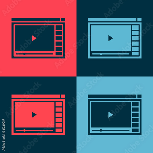 Pop art Online play video icon isolated on color background. Film strip with play sign. Vector Illustration.