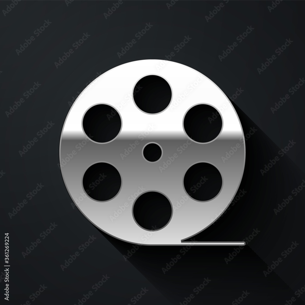 Silver Film reel icon isolated on black background. Long shadow style. Vector Illustration.