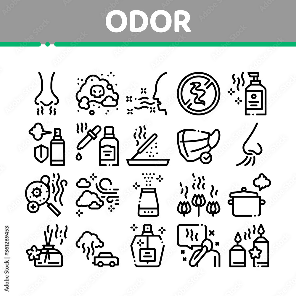 Odor Aroma And Smell Collection Icons Set Vector. Nose Breathing Aromatic Odor And Clean Air, Perfume And Oil Bottle, Facial Mask And Candle Concept Linear Pictograms. Monochrome Contour Illustrations