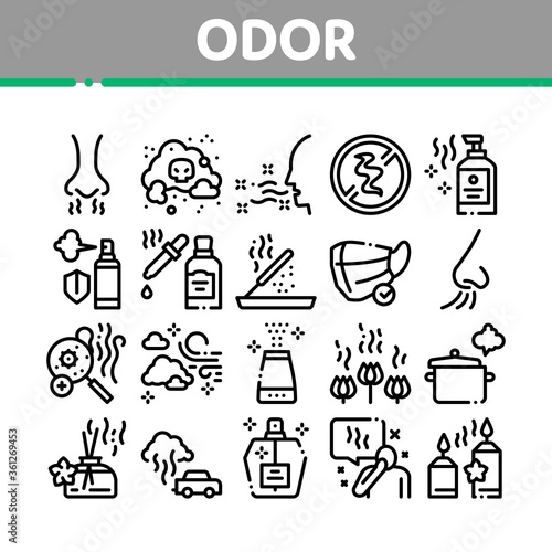 Odor Aroma And Smell Collection Icons Set Vector. Nose Breathing Aromatic Odor And Clean Air, Perfume And Oil Bottle, Facial Mask And Candle Concept Linear Pictograms. Monochrome Contour Illustrations