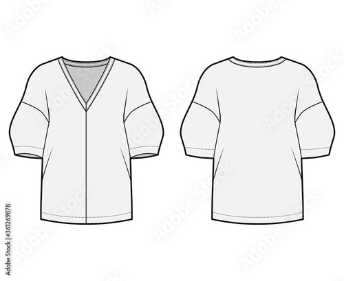 Blouse technical fashion illustration with deep V neck, dropped shoulders and side slits elbow sleeves, loose silhouette. Flat apparel template front back grey color. Women men unisex CAD mockup