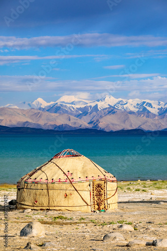 Traditional Kyrgyz national yurt. Karakol Lake, Tajikistan.