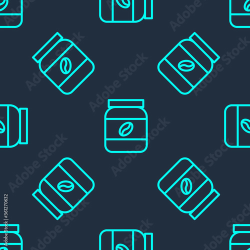 Green line Coffee jar bottle icon isolated seamless pattern on blue background. Vector Illustration.