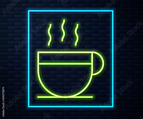 Glowing neon line Coffee cup icon isolated on brick wall background. Tea cup. Hot drink coffee. Vector Illustration.