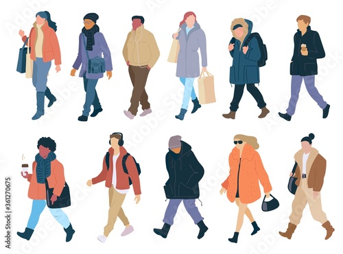 Set walking people of season casual clothes winter, spring and autumn street style. Vector flat cartoon collection of colorful isolated illustration.