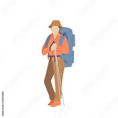 Woman with hiking backpack, hat and trekking sticks. Young explorer or traveller in sportswear. Adventure tourism, travel and discovery flat vector illustration.