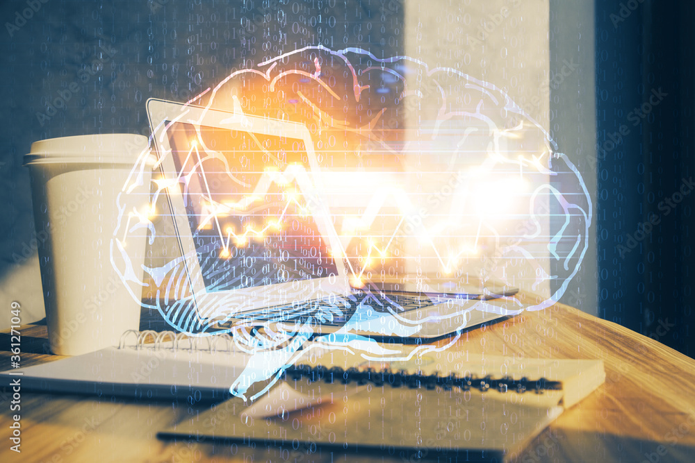 Multi exposure of work space with computer and human brain hologram. Brainstorm concept. Multi exposure of work space with computer and human brain hologram. Brainstorm concept.