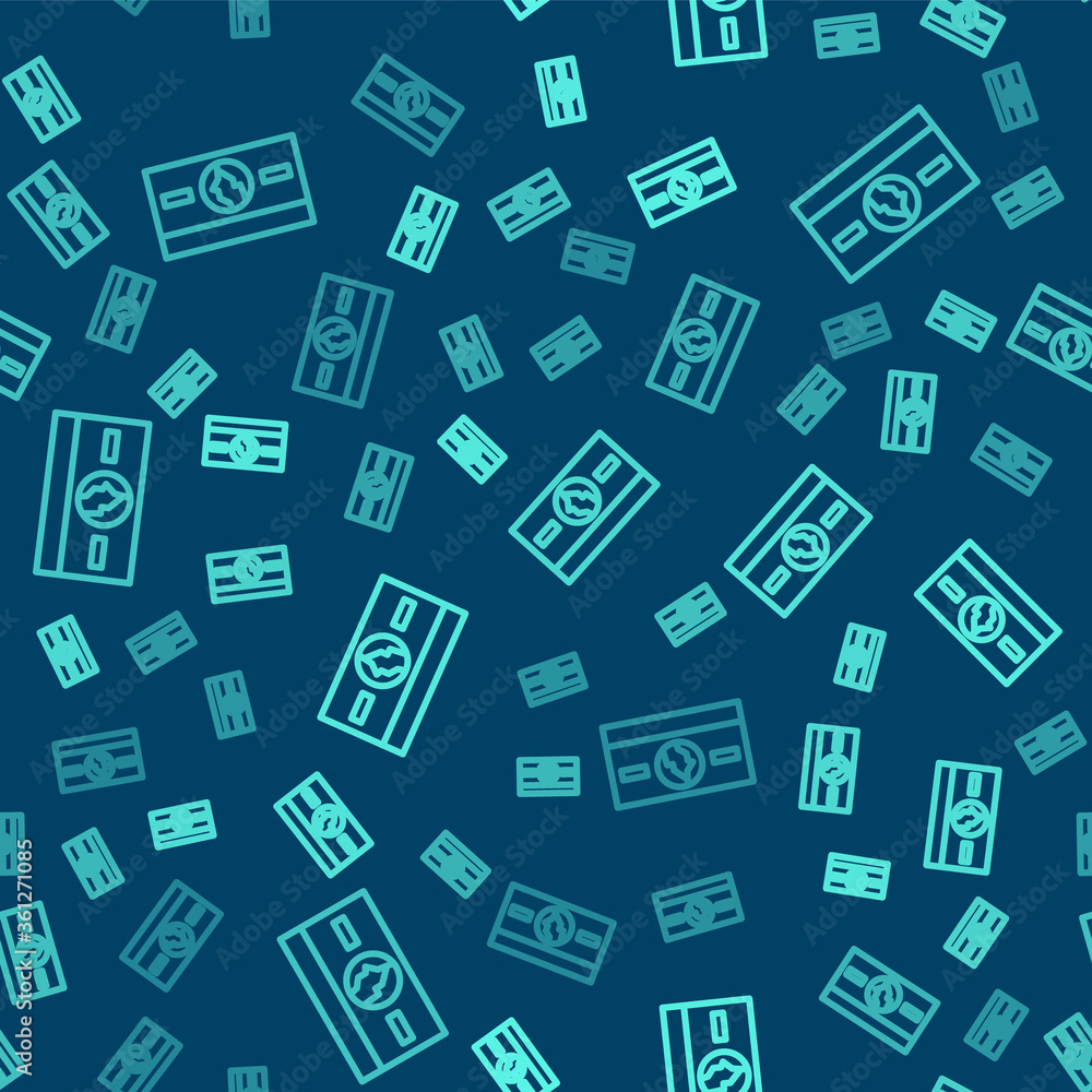 Green line Stacks paper money cash icon isolated seamless pattern on blue background. Money banknotes stacks. Bill currency. Vector Illustration. Green line Stacks paper money cash icon isolated seamless pattern on blue background. Money banknotes stacks. Bill currency. Vector Illustration.