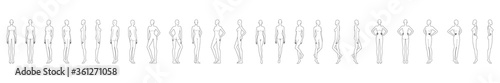 Fashion template of 25 women in different poses. 9 head size for technical drawing. Lady figure front, side, 3-4 and back view. Vector girls for fashion sketching and illustration.