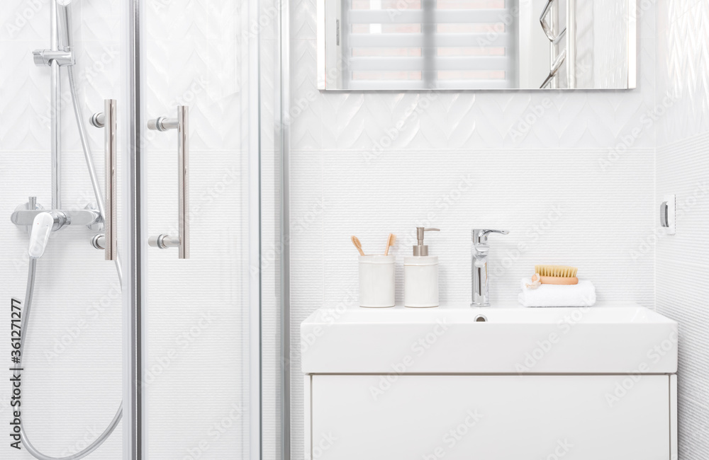 Shower cabin and washing basin in modern white bathroom interior Stock ...