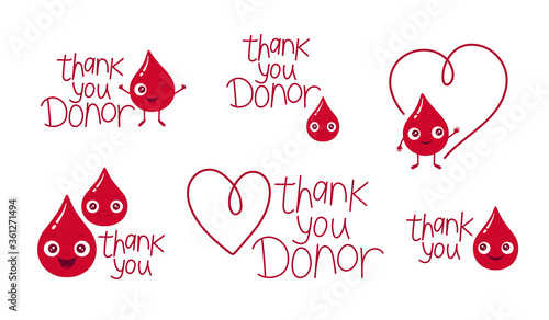 Vector illustration set of blood drop character. Thank you donor lettering slogan. Cute and kind little red droplets. Good for logo, stickers, tags, paper cards for world blood donor day 14th june.