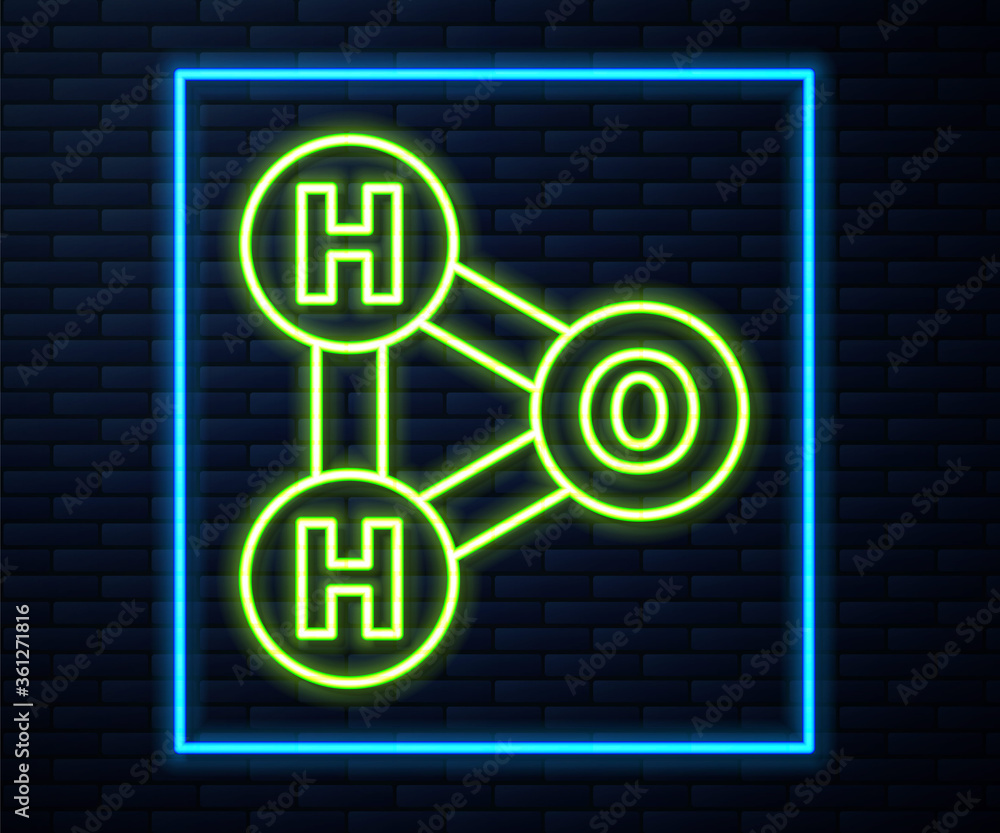 Fototapeta premium Glowing neon line Chemical formula for water drops H2O shaped icon isolated on brick wall background. Vector Illustration.