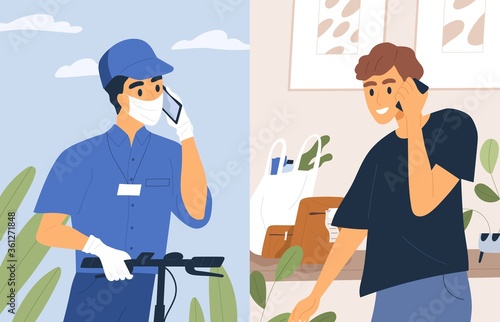 Contactless shipment service vector flat illustration. Male courier in medical mask and gloves talk phone with customer. Deliveryman call guy to deliver order or groceries during quarantine