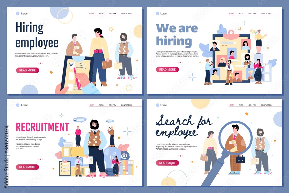 Recruiting and staff hiring web page mockups set new employees and employers cartoon characters flat vector illustration. We are hiring or job recruitment landing page.