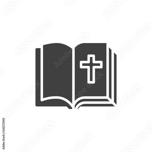 Bible book vector icon. filled flat sign for mobile concept and web design. Open book page with holy cross glyph icon. Symbol, logo illustration. Vector graphics