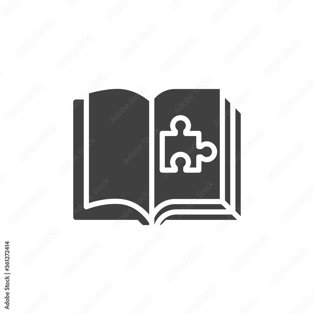 Puzzle book vector icon. filled flat sign for mobile concept and web design. Book page with puzzle glyph icon. Symbol, logo illustration. Vector graphics