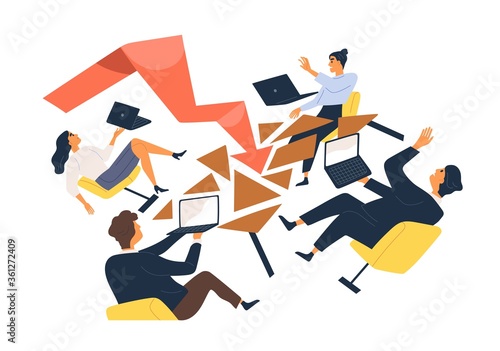 Business man and woman during economic crisis vector flat illustration. Team of office workers with laptop falling from chair isolated. Global finance problem, losing profits or company bankruptcy