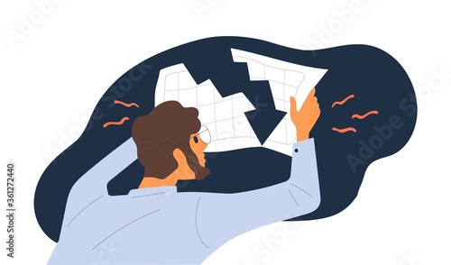 Shocked male hold document with financial graph downturn vector flat illustration. Economist guy looking on global economy crash and losing profit of company isolated. Business failure or bankruptcy