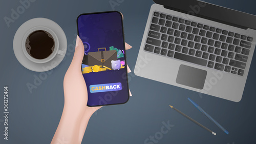 Hand holds phone with cashback. Business suitcase, brown wallet with credit cards and gold coins. The concept of savings and accumulation of money. Good for presentations and business related articles