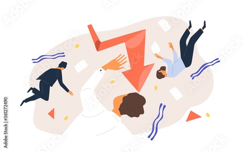 Finance collapse. Team of business people flying surrounded by geometric figure, document and graph vector flat illustration. Colorful man and woman during economic crisis or bankruptcy isolated