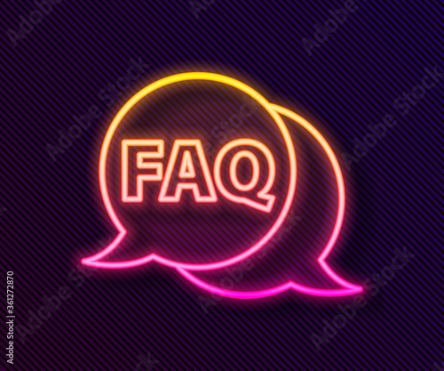 Glowing neon line Speech bubble with text FAQ information icon isolated on black background. Circle button with text FAQ. Vector Illustration.