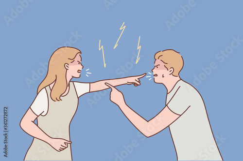 Family, couple, quarrel, divorce, agression, conflict concept. Young aggressive man boyfriend and woman girlfriend parents yelling and quarrelling. Crisis marriage problem trouble and disagreement.