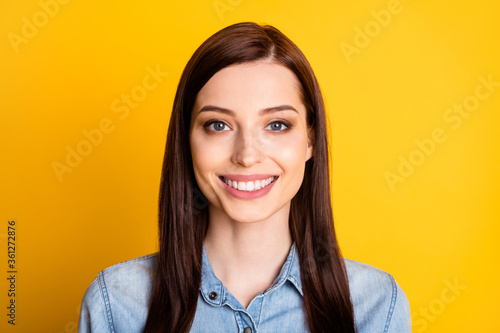Wallpaper Mural Close up photo of friendly optimistic nice girl look in camera enjoy summer weekend wear denim jeans shirt isolated over vibrant color background Torontodigital.ca