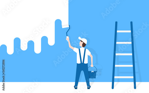 worker man paints wall near ladder