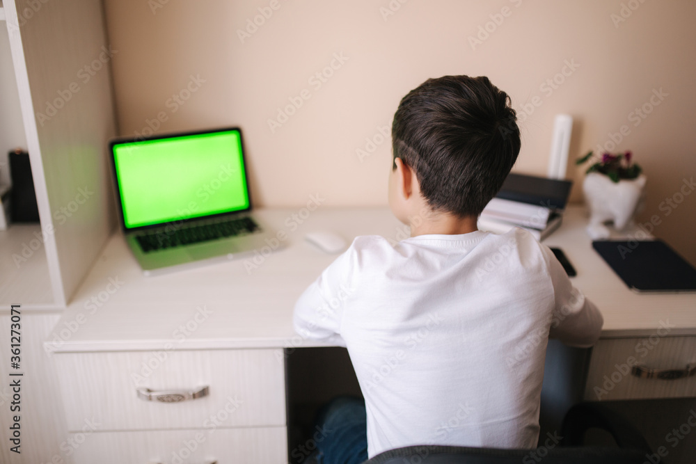 Schoolboy study at desk in his room. Boy use laptop and writing in notebook. Books and tablet on the table. Study home during qurantine. Green screen Schoolboy study at desk in his room. Boy use laptop and writing in notebook. Books and tablet on the table. Study home during qurantine. Green screen