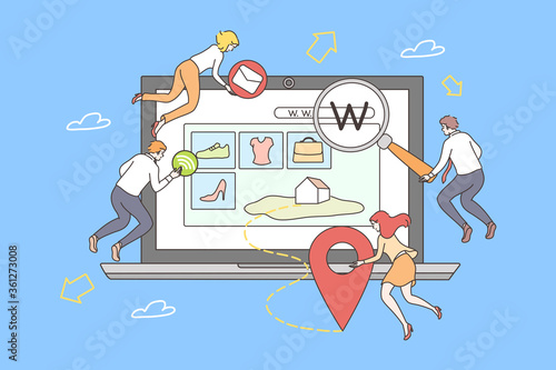 Teamwork, web development concept. Team of young men women programmers cartoon characters coding developing internet design homepage shopping site. IT network project and coworking illustration.