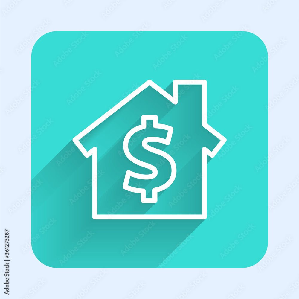 White line House with dollar symbol icon isolated with long shadow. Home and money. Real estate concept. Green square button. Vector Illustration.